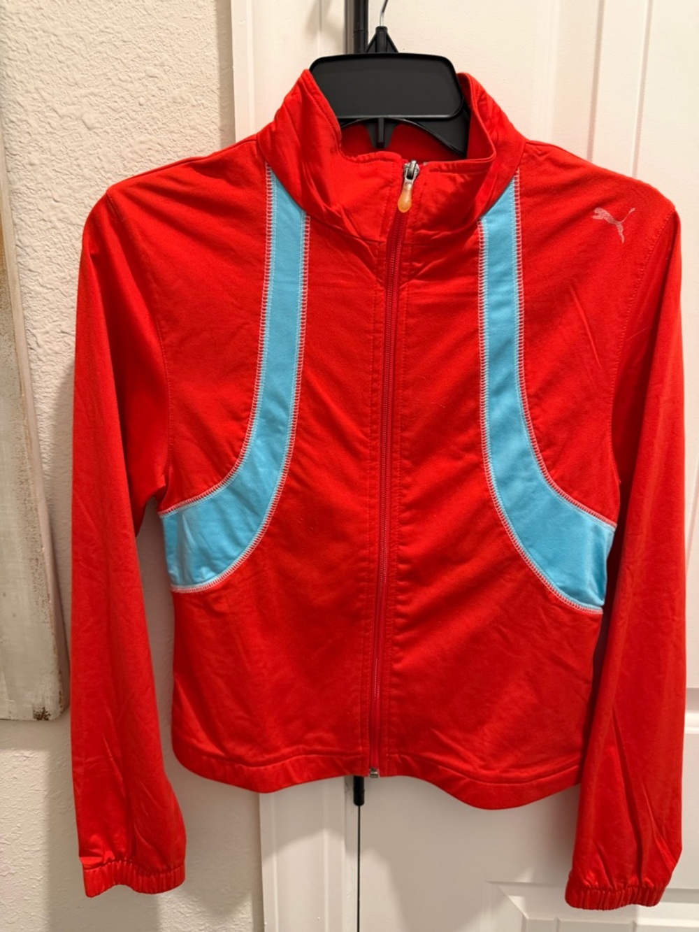 Vintage PUMA Red Jacket with Light Blue Side Panels Zip Front Size S Vintage